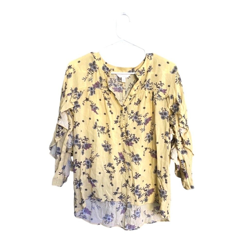 Lauren Conrad XS Floral Ruffle Peasant Top Split Neck 3/4 Sleeve Cotton Blouse